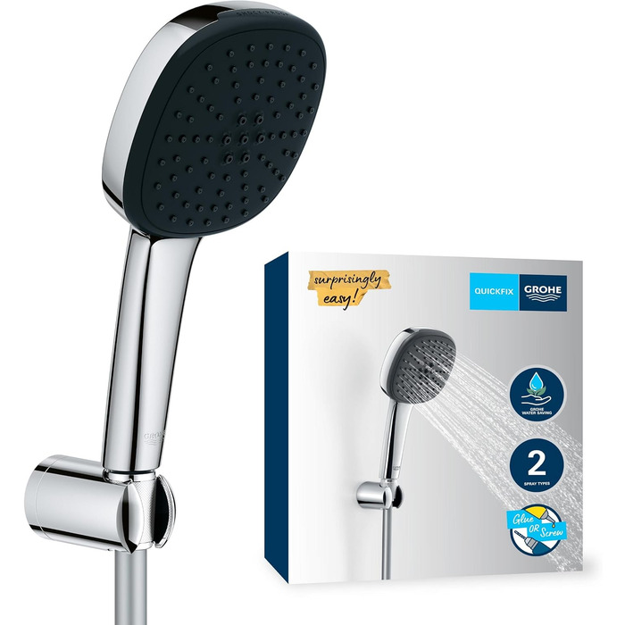 Душова лійка GROHE Vitalio 110, водозберігаюча, 8 л/хв, 2 струмені, регулюється, універсальне підключення, захисний силіконовий кільце, кругла, хром, 26397001 (Набір ручної лійки)