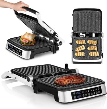 Grill Chef Electric Contact Grill and Sandwich Toaster 2100W, Removable Heating Plates, 2in1, 180° Foldable, Non-Stick Coating, Drip Tray, Acoustic Notifications (SILVER)