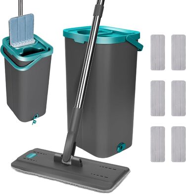 Набір для миття підлоги з відром, Masthome, компактний, з віджимом, 3 мікрофібрових насадок, нержавіюча сталь, 2 в 1, для дерев'яних, плиткових та мармурових підлог (сірий+блакитний, 3.7л)