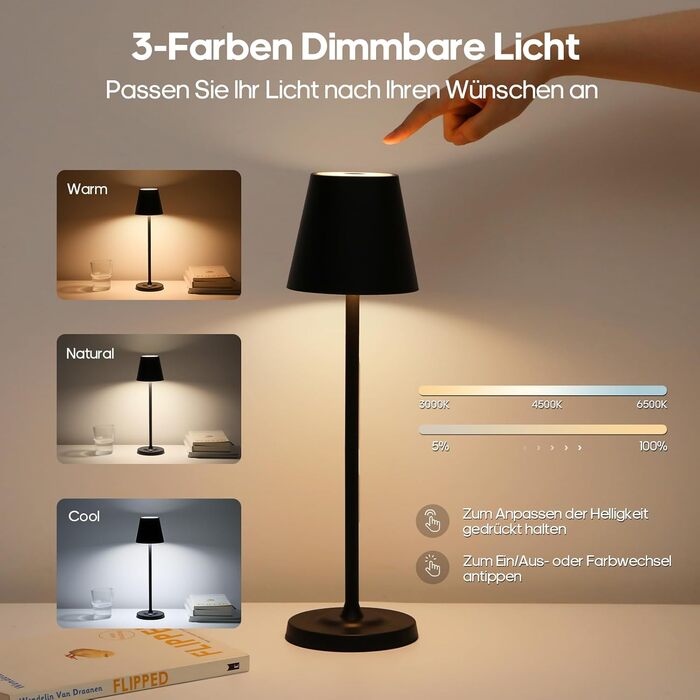 Світлодіодна настільна лампа 3-в-1 бездротова з акумулятором 5500mAh, регульована висота, димування, 3 кольори світла - USB акумуляторна настільна лампа металева водонепроникна сенсорна для дому та вулиці, чорна (набір 2 шт.)