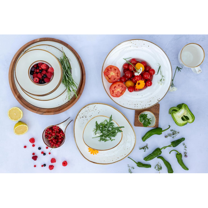 MÄSER Pintar Series, high-quality dining tableware set for 4 people, 16-piece combination service with light glaze, visual brown speckles, and a fine edge in a vintage handmade look, porcelain tableware set brown
