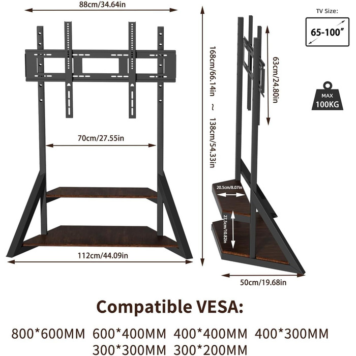Підставка для телевізора UNHO, регульована по висоті, універсальна, чорна, VESA 800x600, до 100 кг, 65-100 дюймів