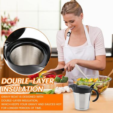 Double-walled stainless steel gravy boat with hinged lid, 500 ml sauce dish for serving sauces or cream (Size: 500 ml)