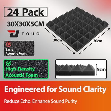 Акустичні пірамідні панелі для звукоізоляції стін та стелі, вогнестійкий шумопоглинаючий поролон для студії, 30x30x5 см, чорний, 24 шт.