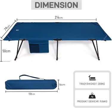 Розкладне ліжко для кемпінгу EVER ADVANCED XXL, 214 x 79 x 50 см, 200 кг, з кишенею, стабільне та портативне для відпочинку на природі та вдома (Блакитний)