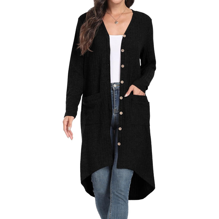 Кардиган жіночий Grecerelle, довгий, легкий, чорний, з ґудзиками та V-подібним вирізом
