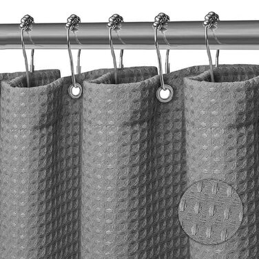 Штора для душу миюча текстильна поліестер 180x200 см, сіра, з кільцями (12 шт.) - Водонепроникна штора у ванну