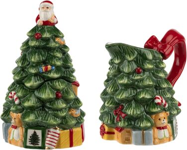 Spode Sugar and Creamer Set with Christmas Tree, Figurine Tree, 209 ml creamer and 150 ml sugar bowl with lid, festive tea and coffee set, dishwasher safe, ceramic tableware.