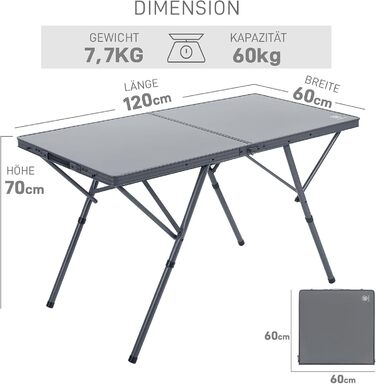 Складаний столик для кемпінгу EVER ADVANCED 120x60 см, сірий. Макс. навантаження 60 кг, для 4-6 осіб. Ідеально для кемпінгу, пікніка, саду, балкону.