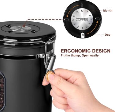 Контейнер для кави Rocky & Chao 1.8L з нержавіючої сталі, герметичний, для кавових зерен, чаю, горіхів, какао (Чорний)