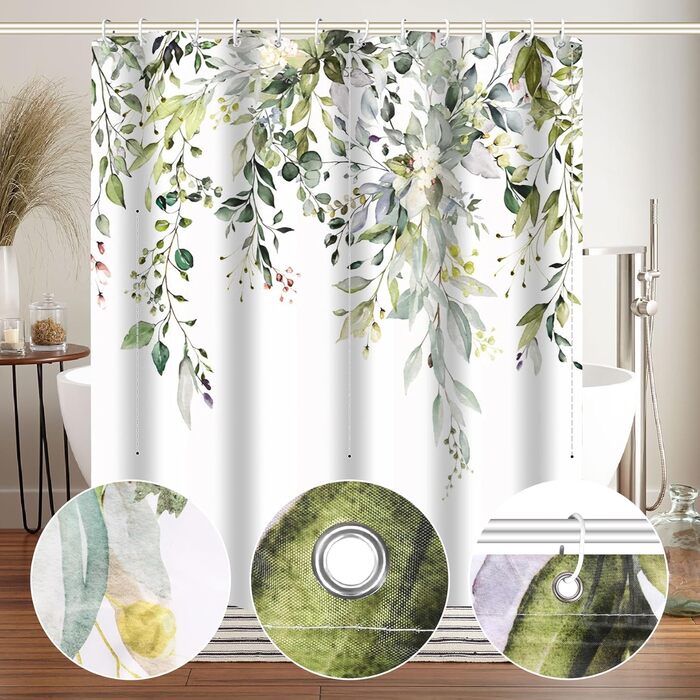 Шторка для душу текстильна з 12 гачками, водонепроникна, антигрибкова, 180x200 см, для ванної кімнати, зелена