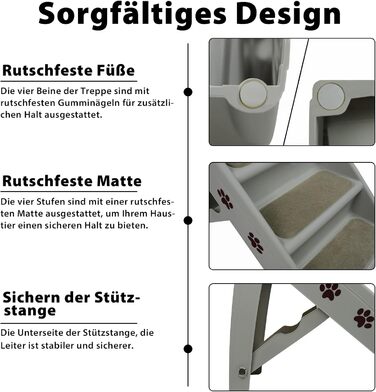 Froadp 49x38x61cm Folding Stairs for Dogs Made of Plastic, Folding Dog Steps with 4 Steps & Felt Mat, Non-Slip Cat Stairs, Bed, Balcony, Sofa, Portable Pet Stairs for Dogs and Cats (Grey)