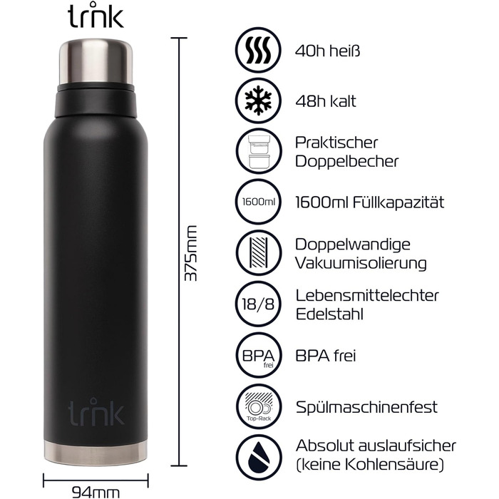 Термос Outdoor TRNK Polar 2 - 1600 мл, нержавіюча сталь, BPA-free, зберігає тепло 40 годин, з 2 чашками, для миття в посудомийній машині (лісовий зелений, матовий нічний чорний)