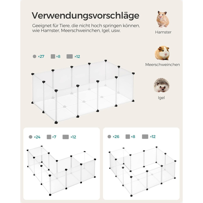 Клітка для гризунів SONGMICS Freigehege з піддоном, 143 x 73 x 46 см, біла. Підходить для кроликів, хом'яків, їжаків. LPC02W