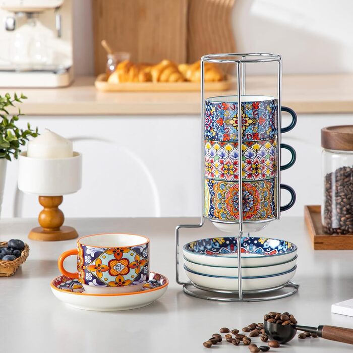 Набір чашок для еспресо Vancasso 4 шт., 150 мл SIMI з підставками та стійкою, керамічні, для капучино, еспресо, лате