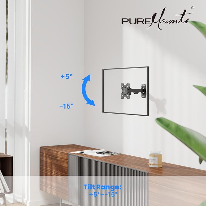 Кріплення для телевізора PureMounts - настінний кронштейн, нахильний та поворотний, VESA 200x200 мм, для телевізорів та моніторів до 30 кг, чорний (без шарнірного кріплення, 13-32 дюйми)