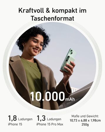 Powerbank Anker MagGo: 10000mAh, Qi2, 15W, MagSafe, USB-C, з дисплеєм та підставкою (Зелений)