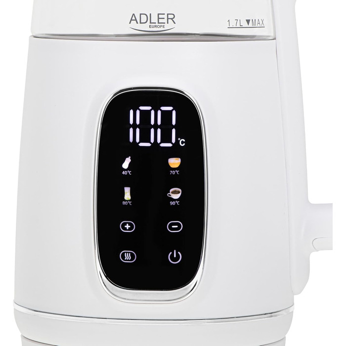 Електричний чайник Adler з регулюванням температури 2200W, 1.7L з LED-дисплеєм та сенсорною панеллю, 5 температурних програм, функцією підтримання тепла, з фільтром (Білий, Сріблястий)