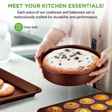NutriChef 20-Piece Cookware Set - Pot Set, Frying Pan Set & Baking Set Non-Stick | PFOA/PFOS-Free | Induction Pots & Pans, Round Cake Pan, Loaf Pan, Casserole Dish, Muffin Tin, Baking Sheet Brown