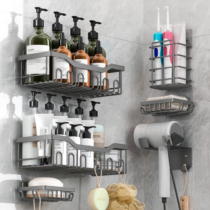 Поличка для душу без свердління, 6 шт. Регулятор для ванної кімнати з тримачем для фену та гачками, поличка для душу з нержавіючої сталі, настінна, самоклеюча, органайзер для ванної кімнати та кухні сірого кольору