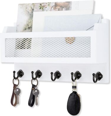 Brief and Key Holder for Wall Decoration, 27.9 cm (11 inches) Wooden Wall Key Organizer with 5 Key Hooks, Wall Mount, Storage Shelf for Entryway, Hallway (white)