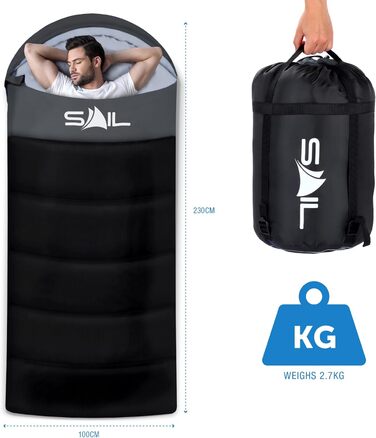 Сплячий мішок SAIL XL для великих людей, 3-4 сезони, 1,6-2,7 кг, легкий, водонепроникний, для відпочинку на природі, походів, кемпінгу (Чорний)