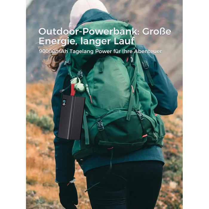 Портативний зарядний акумулятор Upgrade 90000mAh з LED дисплеєм, USB-C, 5 виходами та 2 входами, 30W PD, червоний