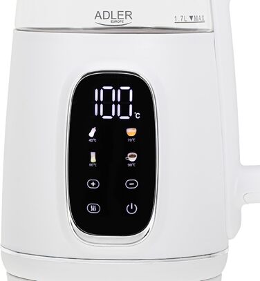 Електричний чайник Adler з регулюванням температури 2200W, 1.7L з LED-дисплеєм та сенсорною панеллю, 5 температурних програм, функцією підтримання тепла, з фільтром (Білий, Сріблястий)