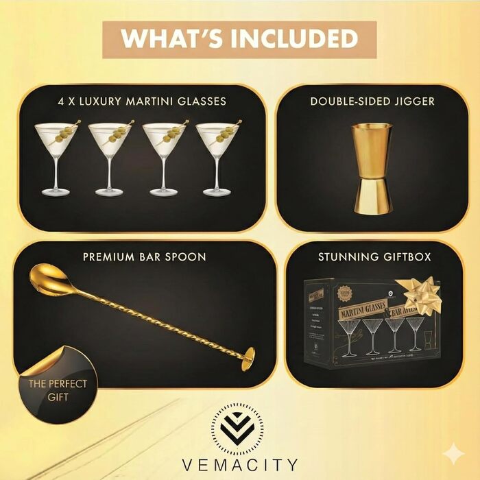 Набір келихів для еспресо-мартіні Vemacity Elegante (4 шт.) | Келихи для коктейлів ручної роботи | Келихи для шампанського, маргарити та коктейлів | Елегантні келихи для мартіні | Ідеальний подарунок (4 класичних келихи з рифленням + золотий аксесуар)