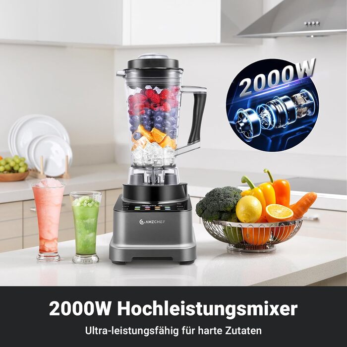 AMZCHEF 8-in-1 Multi Stand Mixer with Auto-IQ | 2000W High-Performance Mixer with LCD Touchscreen | 2L Blender with 8 Smart Menus and 10 Speeds for the Kitchen | Gray 25.6 x 20.1 x 47.6 cm Gray