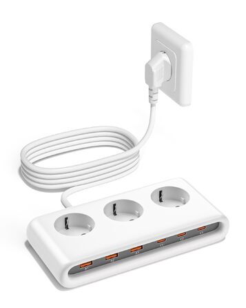 Мережевий фільтр 9-в-1: подовжувач на 3 розетки та USB зарядна станція, білий