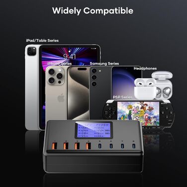 Зарядний пристрій USB-C 152W з LCD дисплеєм, 4x USB-A, 4x USB-C, швидка зарядка для iPhone 16, iPad, Samsung та інших пристроїв - Чорний