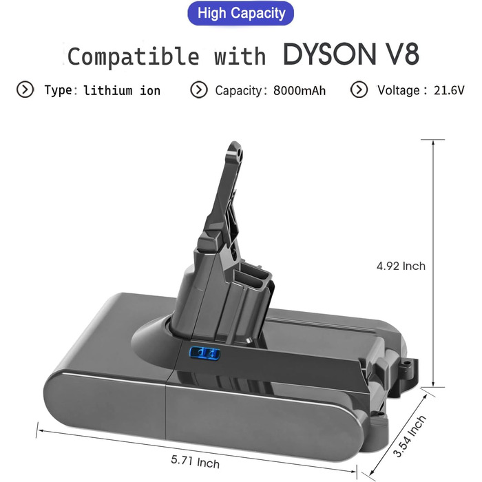 Замінна батарея 8.0Ah для пилососа Dyson V8 (6000mAh, Li-Ion, сумісна з моделями Absolute, Animal, Fluffy, Motorhead, Total Clean, Extra, SV10)