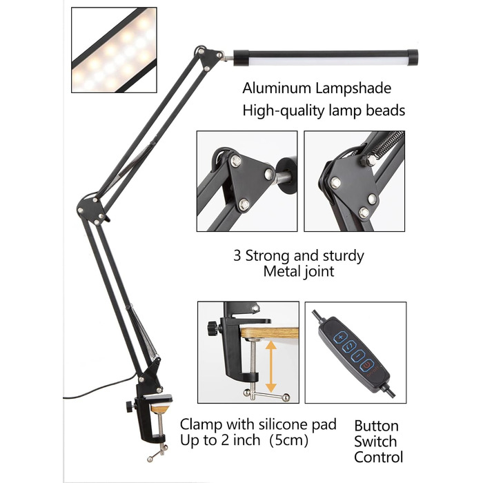LED лампа настільна з регульованим шарніром, USB, диммування, захист очей, 3 режими, 10 рівнів яскравості, функція пам'яті для дому та офісу