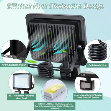 Світлодіодний прожектор TASINUO 100W з датчиком руху, 10000Лм, 7000K, IP67, водонепроникний, для вулиці, саду, гаража, двору, під'їзду, 2 шт по 50W