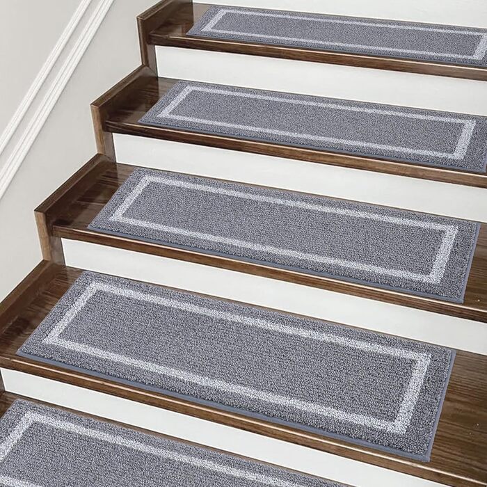 Ковзаючі килимки на сходи COSY HOMEER, 70x22 см, 15 шт., самоклеючі, з антиковзаючою основою, машинне прання, 100% поліестер, TPE, сірий колір