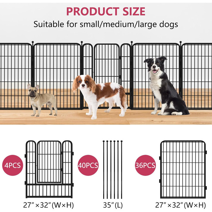 Металевий вольєр для собак на вулицю, 81.3 см, вольєр для цуценят, загін для собак великих, середніх та малих порід, портативний, з воротами, 40 панелей (69.8 x 81.3 см)