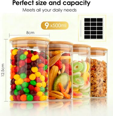 Набори скляних банок для зберігання з кришками (12 шт.) - 4x400 мл, 4x500 мл, 4x700 мл. Скляні контейнери для кухні, баночки з дерев'яними кришками.