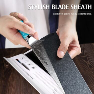 Японський ніж Hecef Damast 20 см з ручкою з харчової смоли: професійний кухонний ніж з дамаської сталі 67 шарів, з захистом для леза, подарунок для шеф-кухаря