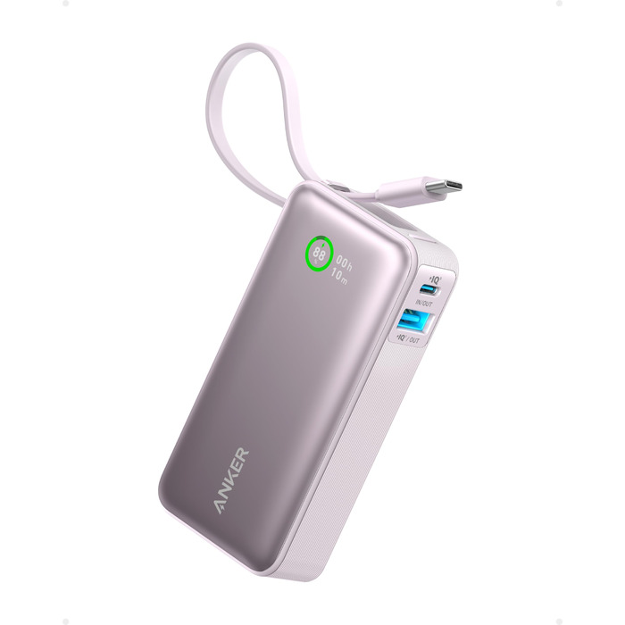 Anker Nano Powerbank 10000mAh: Портативний зарядний пристрій з USB-C кабелем, PD 30W, для iPhone, MacBook, Galaxy, iPad - Ліловий