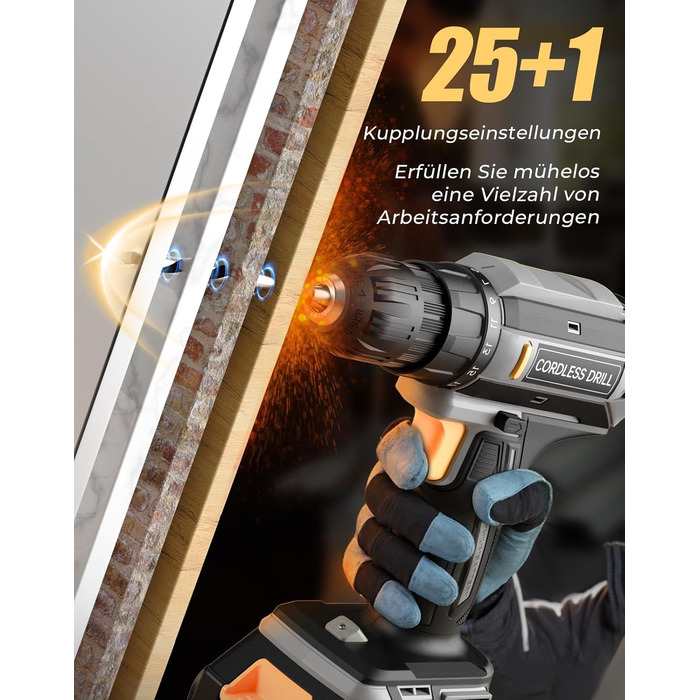 Акумуляторний шуруповерт/дрель 20V, 56 шт. в наборі, 42Nm, LED-підсвітка, сірий колір, для ремонту та DIY-проєктів