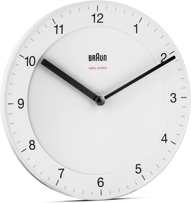 Braun Classic Radio Wall Clock, Central European Time Zone (CET/GMT+1) with a quiet movement, easy-to-read dial with a 20 cm diameter in white, model BC06W-DCF.