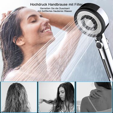 Nafall Shower Head with Filter - High Pressure Handheld Shower Head with Water Saving Design and 1.5M Hose, Shower Head with 5 Spray Patterns and Stop Function, Shower Head with Hose, Chrome (Chrome with 4 Filters)