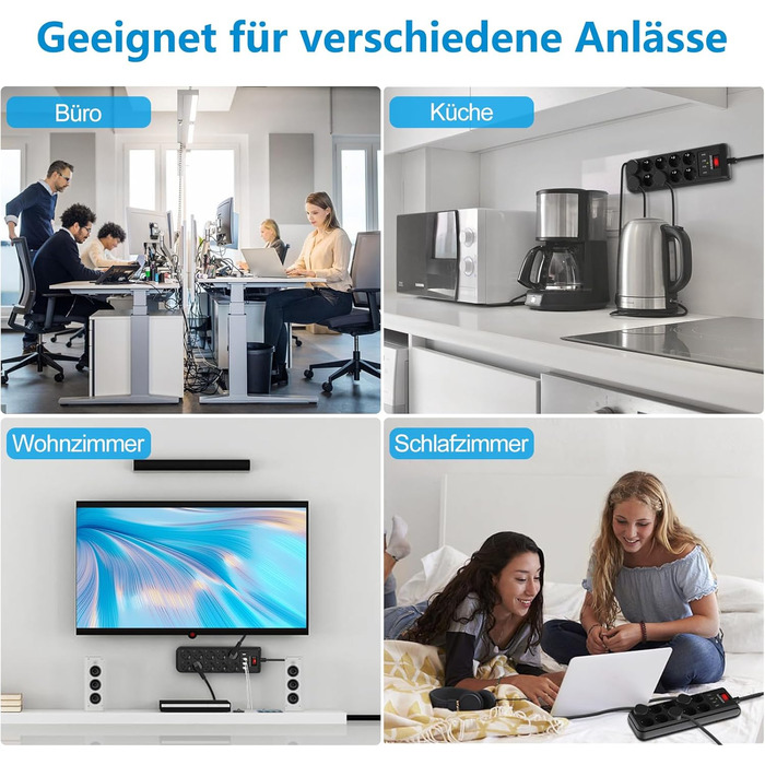 Мережевий фільтр з 4 USB, 6 розеток, вимикач, настінний, 3680W, 16A, 2 Type-C, кабель 1.8м (чорний)