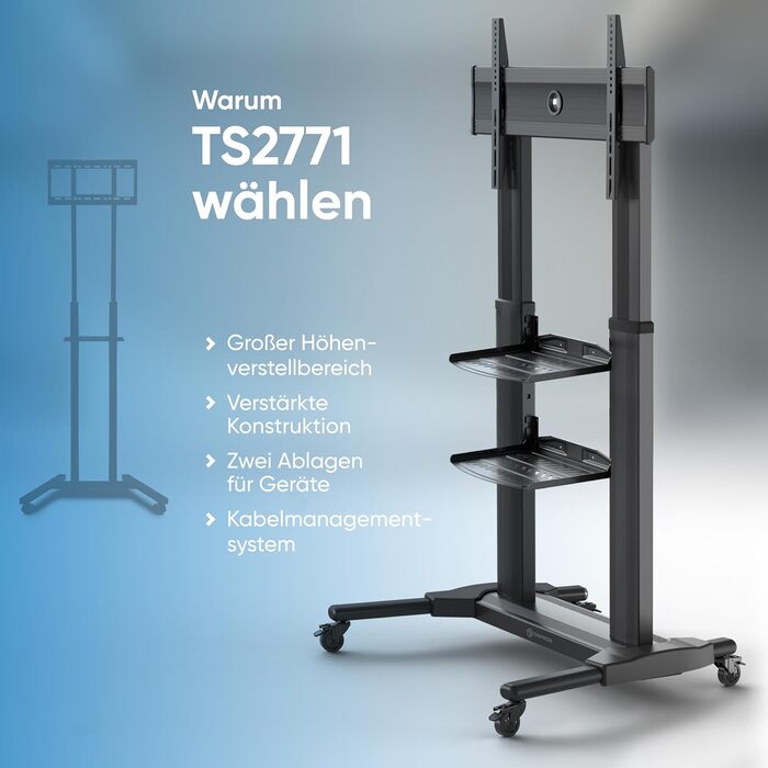 ONKRON Mobile TV Stand for 40-80 inch TVs - Adjustable Height, Aluminum, VESA 700x400, Black - TS2771-B