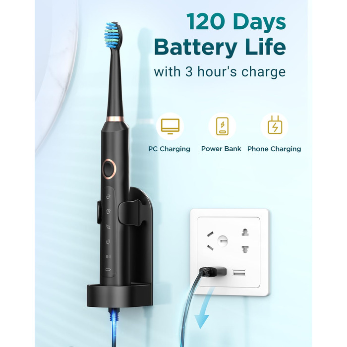 Електрична зубна щітка Sonico з 8 насадок, 5 режимів, чорна. Для подорожей.