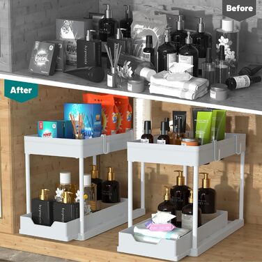 DEKAVA Kitchen Organizer, 2 Under Sink Shelf, Closet Kitchen Organizer with 4 Hooks, Closet Basket for Kitchen, Bathroom, Cleaning Supplies, Detergent (White/Opulent Garden)