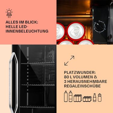 Міні-холодильник Klarstein: 80 л, чорний, для офісу, кемпінгу, з 3 полицями, температура 3-10°C