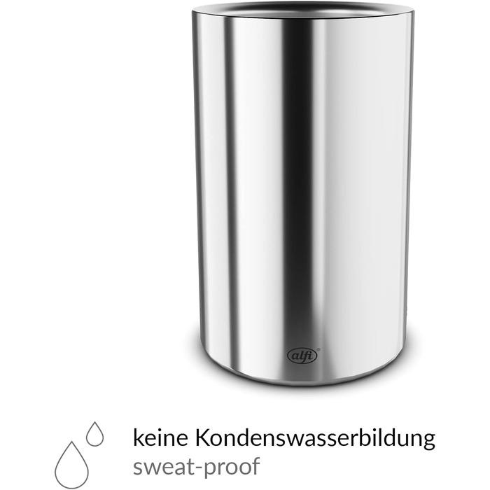 alfi SECCO, stainless steel bottle cooler for 0.70 to 1l bottles, wine, sparkling wine. Keeps drinks cool without condensation or ice cubes, ensuring chilled drinks to the very last drop. Dishwasher-safe, BPA-free (Polished stainless steel, cylindrical)