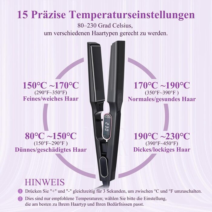 Плойка Bestbeauty з широкими керамічними пластинами 110x40 мм: 15 температур (80-230°C), Dual Voltage (110-240V), швидка укладка для довгатого та густого волосся, чорна – ідеальний подарунок для жінок